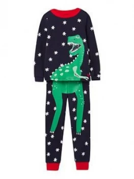 Image of Joules Boys Snooze Glow In The Dark Dino Jersey Pyjamas - Navy