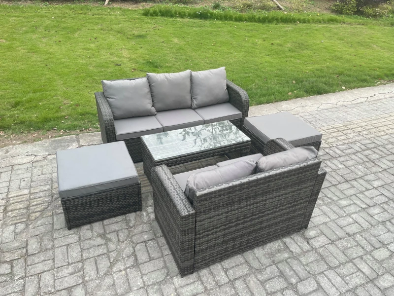 Image of Fimous 7 Seater Outdoor Rattan Garden Furniture Set with Patio Lounge Sofa Set with 2 Big Footstool Dark Grey Mixed Dark Grey