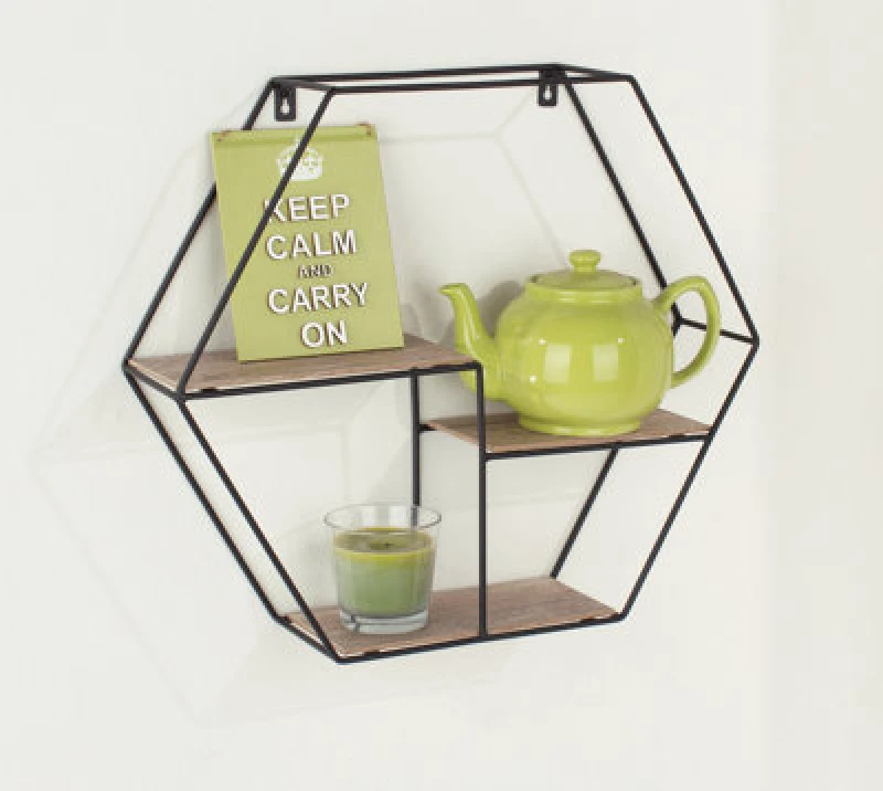 Image of CORE PRODUCTS Core Products - Hexagonal Display Wall Shelf - W48 x D12 x H42cm - Black Metal/Wood Effect LF102