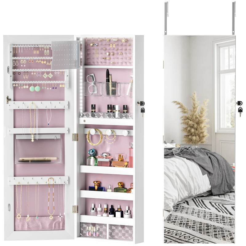Image of HOMCOM HOMCOM Jewellery Cabinet with LED Lights Full Length Mirror with Storage in White White One Size Unisex 5063603575912