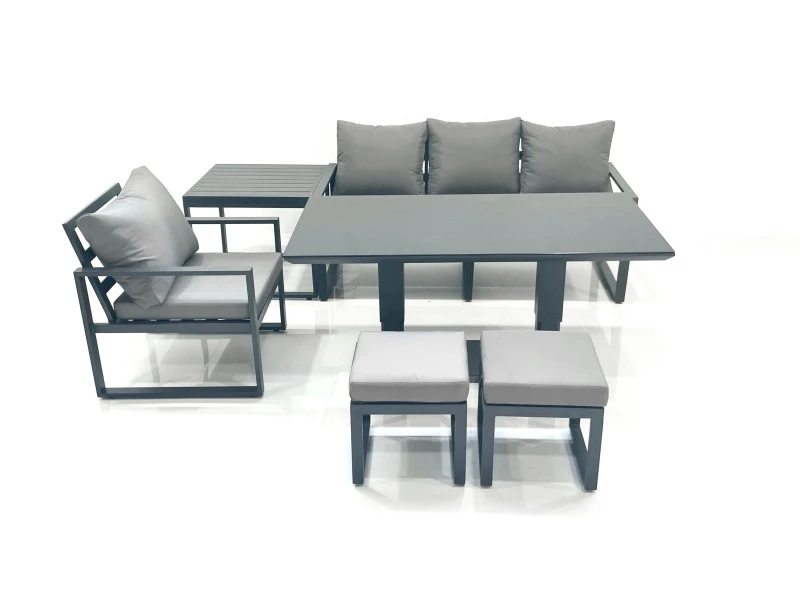 Image of Fimous 6 Seater Garden Sofa Set Aluminium Furniture Rising Dining Tabe Set with Chair Side Table 2 Small Footstools Dark Grey Dark Grey Unisex