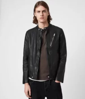 Image of AllSaints Mens Leather Floyd Biker Jacket, Black, Size: XL