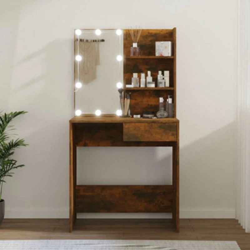 Image of vidaXL Dressing Table with LED Smoked Oak 74.5x40x141 cm, Brown 820481