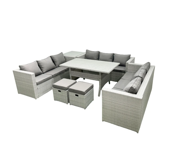 Image of Fimous Rattan Garden Outdoor Furniture Set 11 Seater Garden Sofa Rectangulr Dining Table Set with 2 Small Footstool Side Table Light Grey Mixed Light