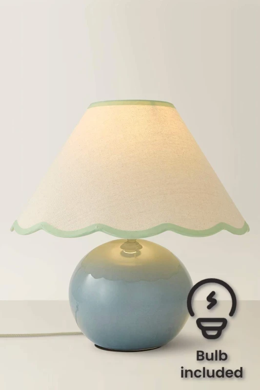 Image of ValueLights Bosco Eucalyptus Teal Ceramic Table Lamp with Linen Scallop Shade and LED Bulb Green