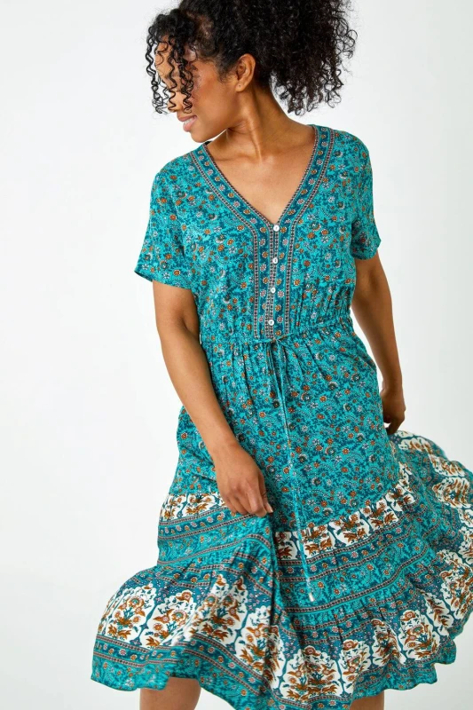 Image of Roman Womens Petite Floral Border Print Midi Dress in Blue Size: 14 Blue Female 14