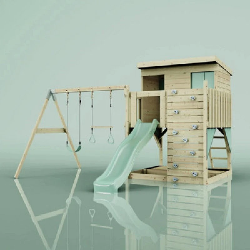 Image of Polarplay Garden Climbing Platform And Playhouse With Double Swing For Kids - Nils With Trapeze Mint Green