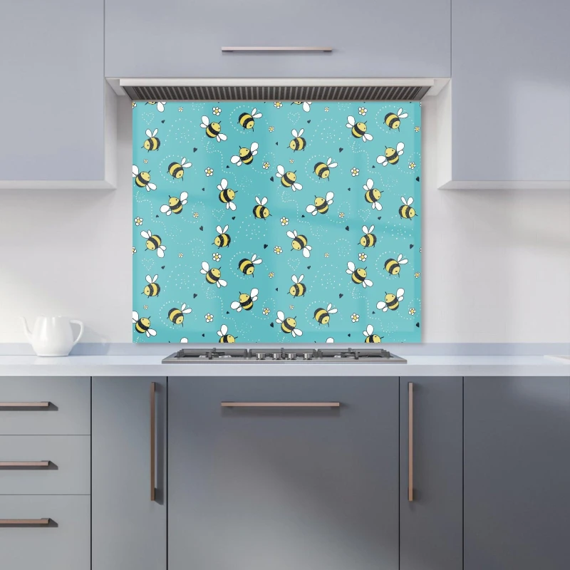 Image of Warren Reed - Designer Hand Drawn Busy Bees Kitchen Splashback in Blue Size: 600mm x 600mm Blue Unisex 600mm x 600mm