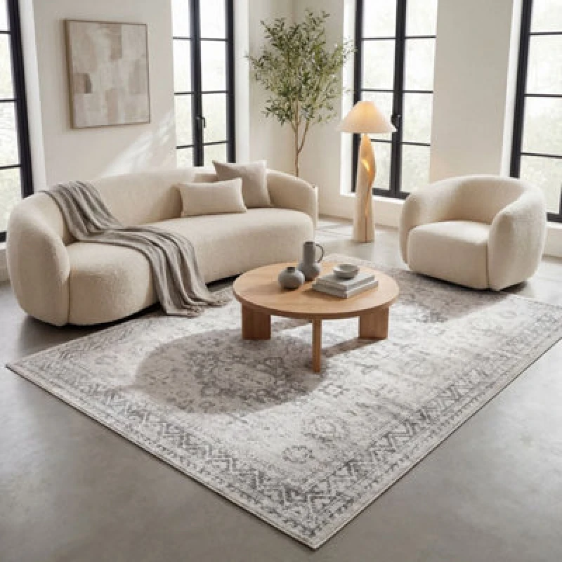 Image of The Rugs Montana Grey Cream Oriental Area Rug And Runner Soft Durable Pet Friendly Easy To Clean Living Room Bedroom 4050