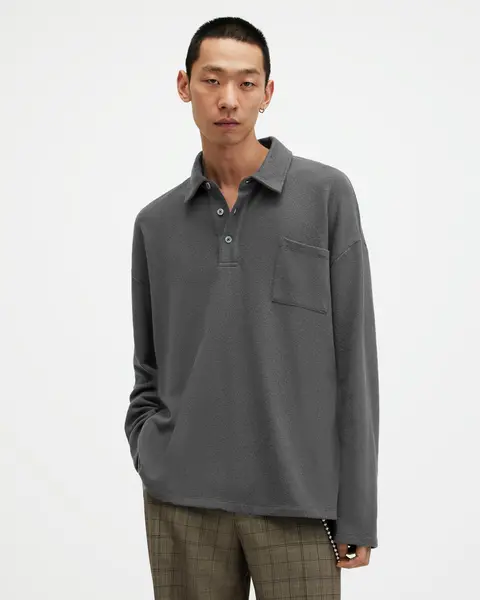 Image of AllSaints Eris Long Sleeve Oversized Polo Shirt