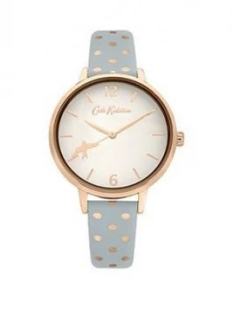 Image of Cath Kidston Cath Kidston White And Rose Gold Detail Dial Blue Button Dot Print Leather Strap Ladies Watch