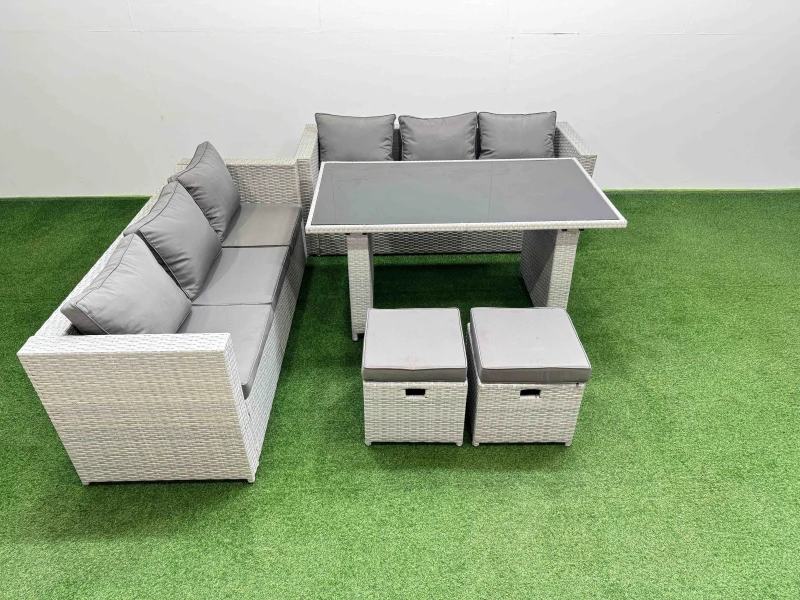 Image of Fimous 8-seater Patio Rectangular Table Sofa Set with 2 Small Stools in Light Grey Light Grey Unisex