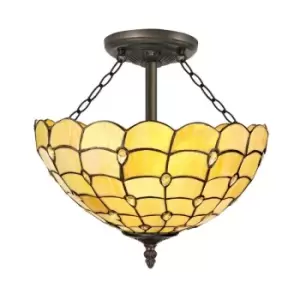 Image of 3 Light Semi Flush Ceiling E27 With 40cm Tiffany Shade, Beige, Clear Crystal, Aged Antique Brass - Luminosa Lighting