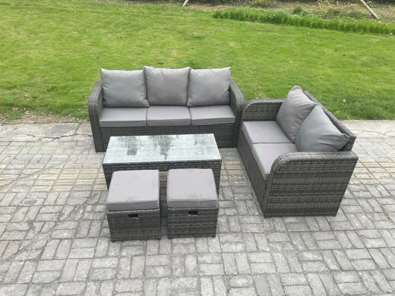 Image of Fimous 7 Seater Outdoor Rattan Garden Furniture Set with Patio Lounge Sofa Set with Rectangular Coffee Table Dark Grey