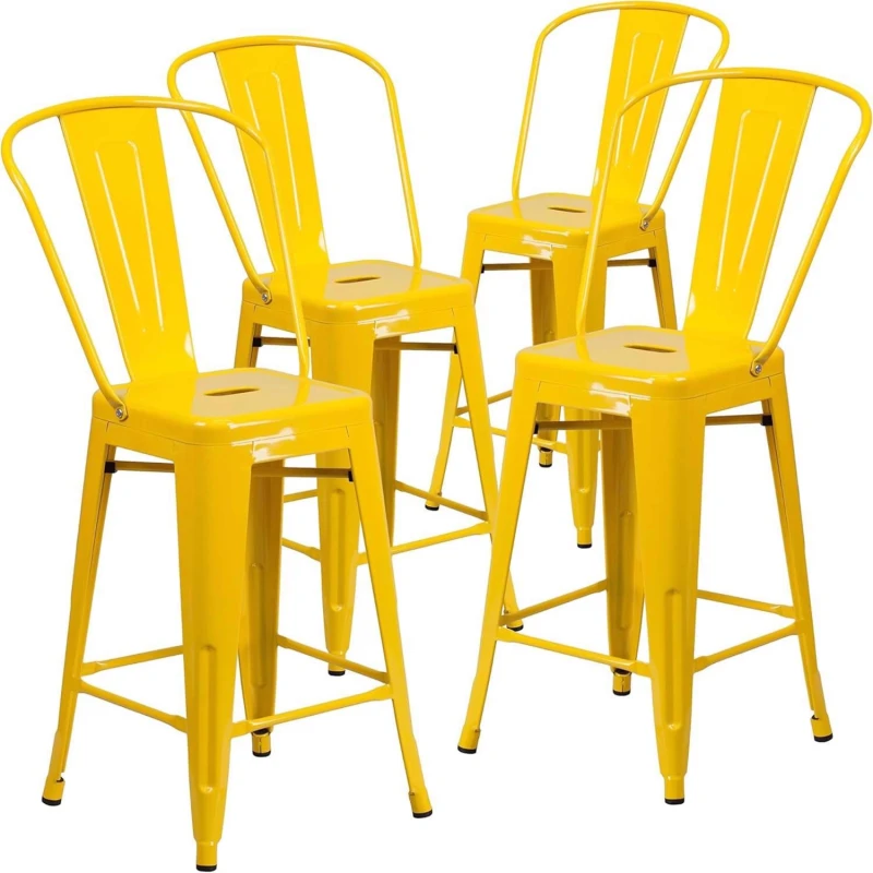 Image of FWStyle FWStyle Set Of 4 24" Yellow Bar Chairs Galvanised Steel Indoor & Outdoor Yellow One Size Unisex 5056413132765