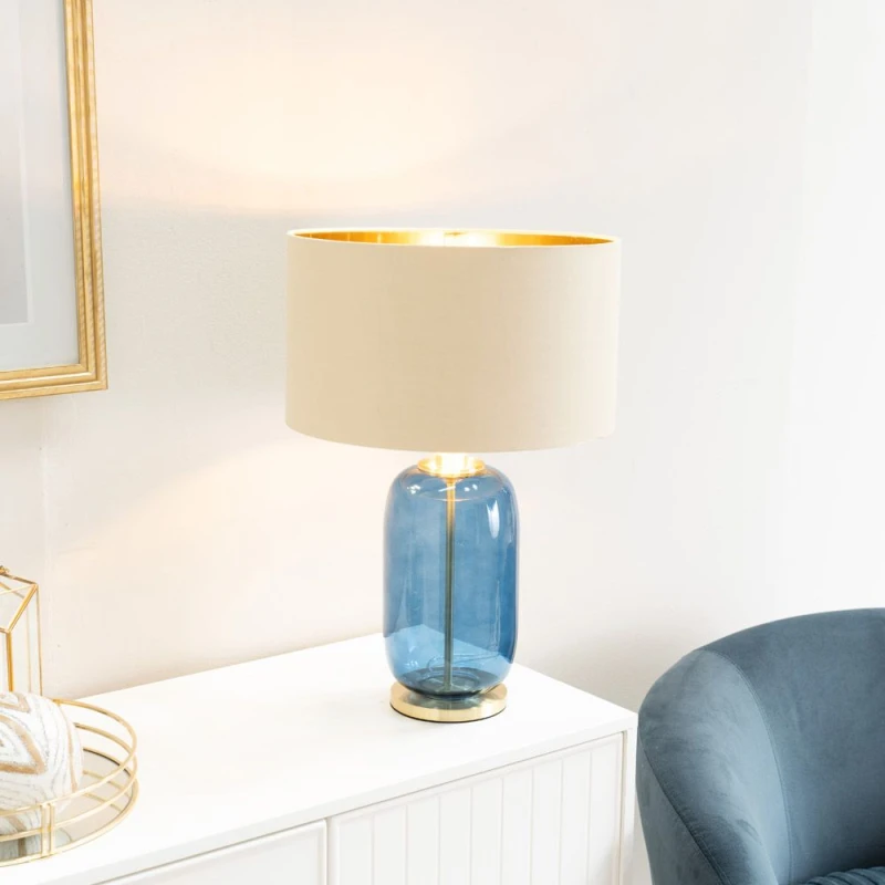Image of ValueLights ValueLights Leigh Beige with Metallic Gold Shade with Navy Blue Glass and Gold Table Lamp Blue One Size Unisex 5059406044298