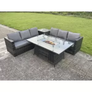 Image of Fimous 6 Seater Outdoor Dark Grey Rattan Lounge Complete Sofa Set with Gas Fire Pit Table and Side Table