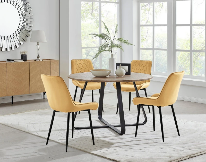 Image of FurnitureboxUK FurnitureboxUK Santorini Brown Round Dining Table And 4 Pesaro Black Leg Chairs in Mustard Mustard One Size Unisex 5056542640131