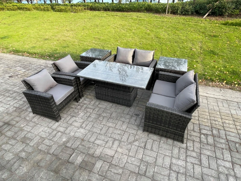 Image of Fimous Rattan Garden Furniture Sets Patio Outdoor Rising Lifting Table Sofa Set with Double Seat Sofa 2 Side Tables Dark Grey Dark Grey Unisex