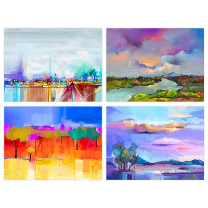 Image of Wee Blue Coo Wall Art Print Set Of 4 Bright Multicoloured Coastal Landscape Abstract Oil Painting Wall Art
