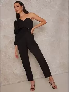 Image of Chi Chi London Puff Sleeve One Shoulder Belted Jumpsuit - Black, Size 8, Women