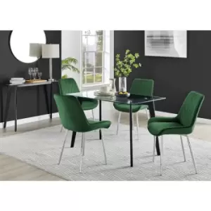 Image of Furniturebox Malmo Rectangular Glass and Black Wooden Leg Modern Industrial Dining Table & 4 Green Pesaro Silver Velvet Chairs