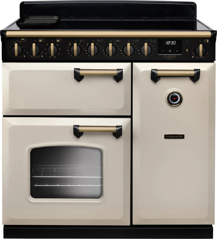Image of Rangemaster CLDL90EIPPCR/AB1 Classic Deluxe 90cm Induction Range Cooker Antique Brass Trim 18280 - Pale CREAM CLDL90EIPPCR/AB1