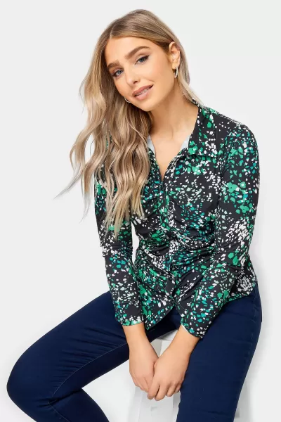 Image of M&Co Black Animal Button Ruched Shirt, Black, Size 14, Women