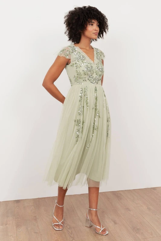 Image of Maya Deluxe Womens Embellished Tulle Midi Dress in Light Green Size: 8 Light Green Female 8