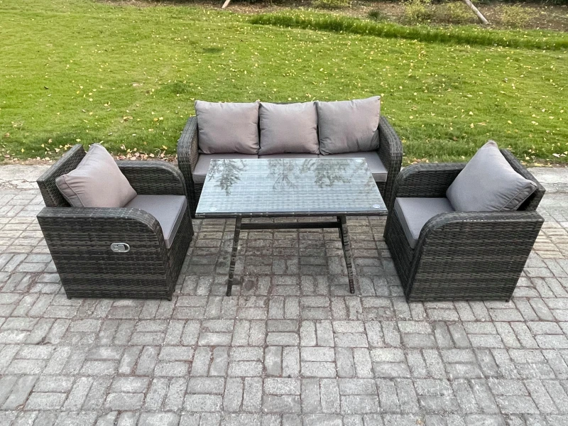 Image of Fimous Rattan Wicker Garden Furniture Patio Conservatory Sofa Set with Rectangular Dining Table Reclining Chair Dark Grey