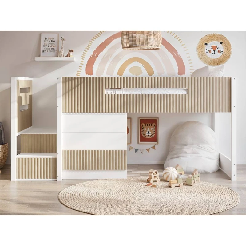Image of Flair Luca Ribbed Mid Sleeper with 3 Drawer Chest in Light Oak Size: Single Light Oak Unisex Single