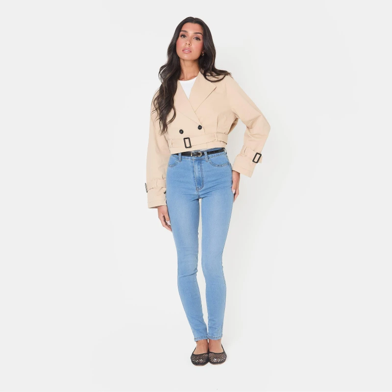 Image of I Saw It First Womens Cropped Belted Long Sleeve Trench Coat Camel female 12 (M)