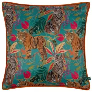Image of Kali Jungle Tigers Cushion Teal, Teal / 43 x 43cm / Polyester Filled
