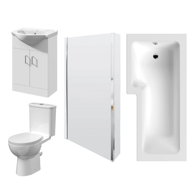 Image of Balterley L Shape Square Bath, Screen & Panel Bathroom Suite, Vanity & Toilet White