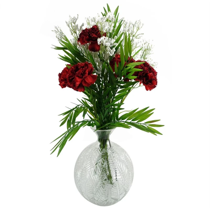 Image of Leaf Leaf 65cm Red Carnations Glass Ball Vase Green