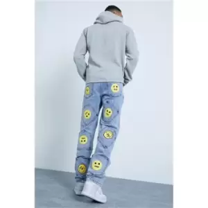 Image of I Saw It First Blue Smiley Multi Pocket Baggy Denim Jeans - Blue