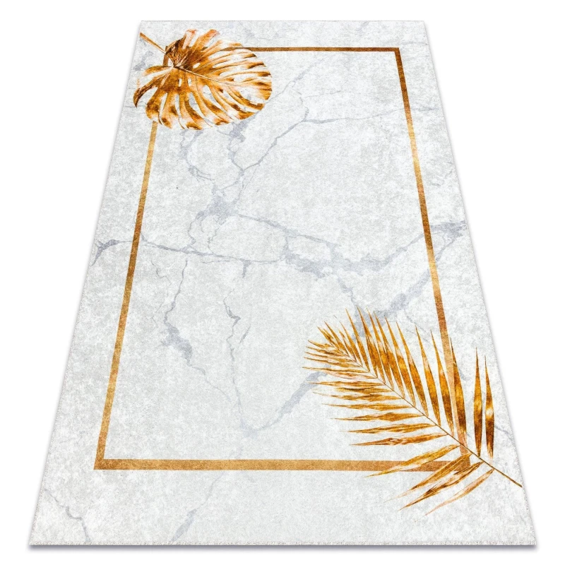 Image of RugsX Miro 51518.806 Washing Carpet Leaves, Frame Anti Slip - Grey / Gold 140X190 Cm