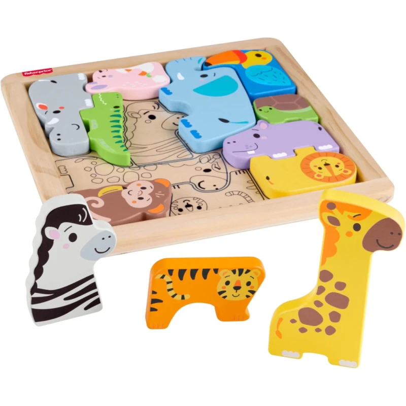 Image of Fisher-Price Toddler Toy Wooden Animal Puzzle Shape-Sorting Activity with 13 Wood Pieces for Preschool Kids Ages 2+ Years JFG10