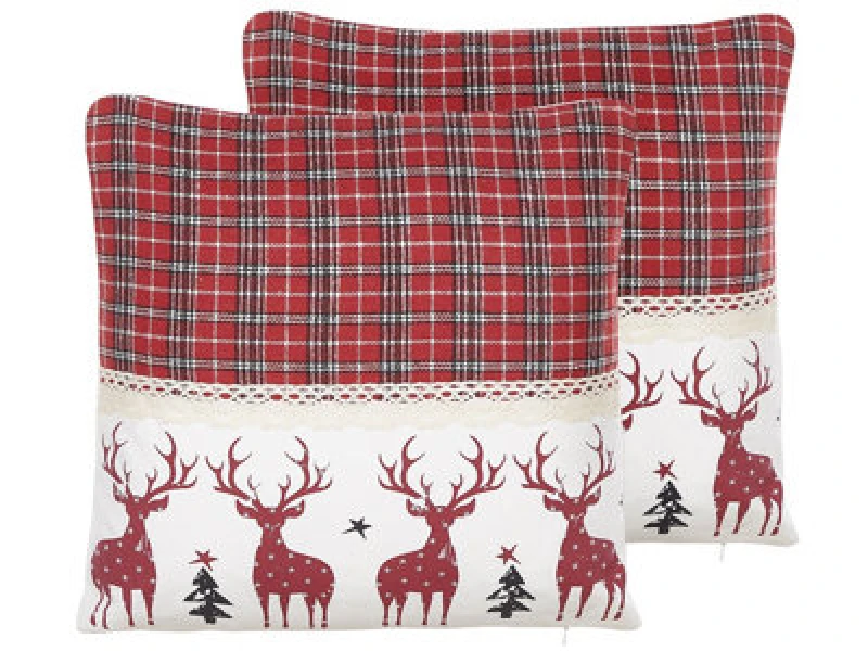 Image of Beliani Set Of 2 Decorative Cushions Robbie 45 X 45cm Red Christmas Motif