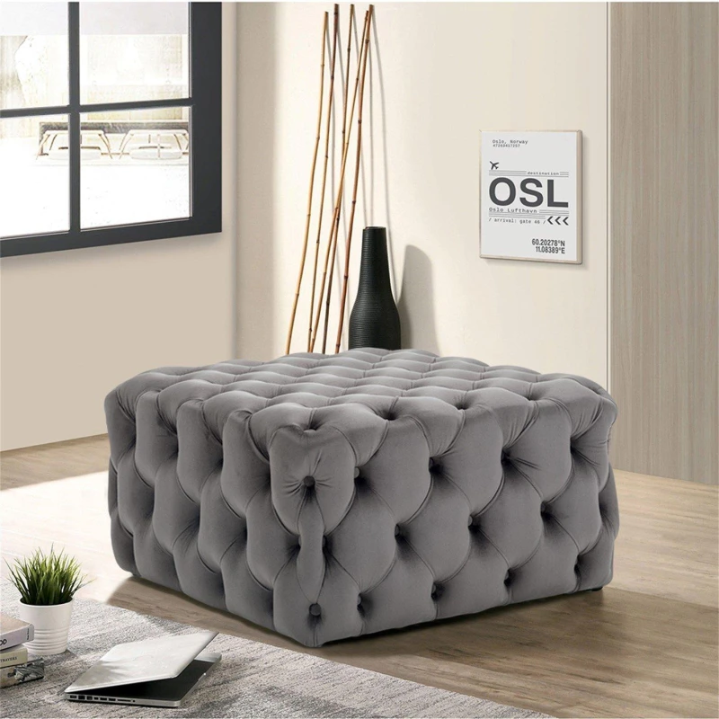 Image of Kabinet UK Square Velvet Upholstered Buttoned Footstool Grey Grey unisex Large