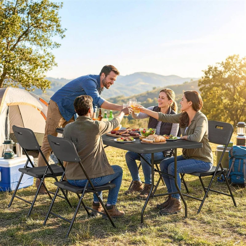 Image of OUTSUNNY 5 Piece 6ft Foldable Table & Chairs, Portable Picnic Table Set in Black Size: 180cm x 70cm Black Unisex 180cm x 70 cm