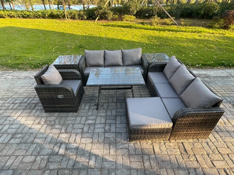 Image of Fimous Outdoor Lounge Sofa Set Wicker PE Rattan Garden Furniture Set with Rectangular Dining Table Reclining Chair 2 Side Tables Big Footstool Dark Gr