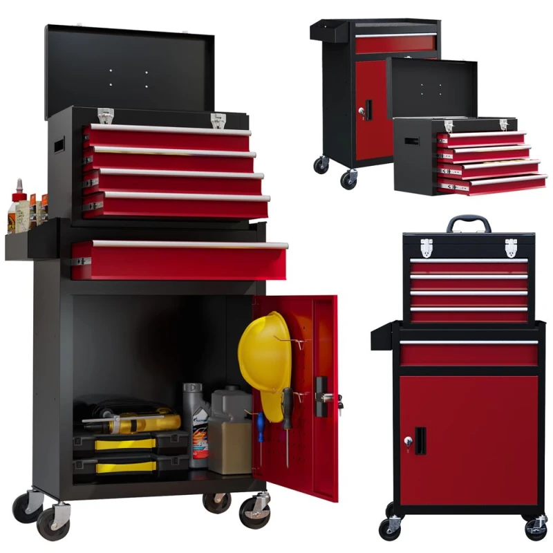 Image of HOMCOM Tool Cabinet on Wheels with 5 Drawers Top Tool Chest Roller Cabinet Combo - Homcom 5056725542184