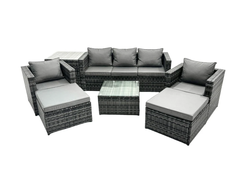 Image of Fimous 7 Seater Patio Lounge Sofa Set with Side Table 2 Big Footstool in Dark Grey Dark Grey Unisex