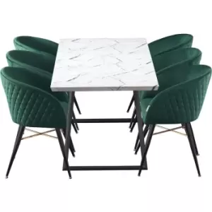 Image of 7 Pieces Life Interiors Vittorio Toga Dining Set - an Extendable White Rectangular Wooden Dining Table and Set of 6 Green Dining Chairs - Green