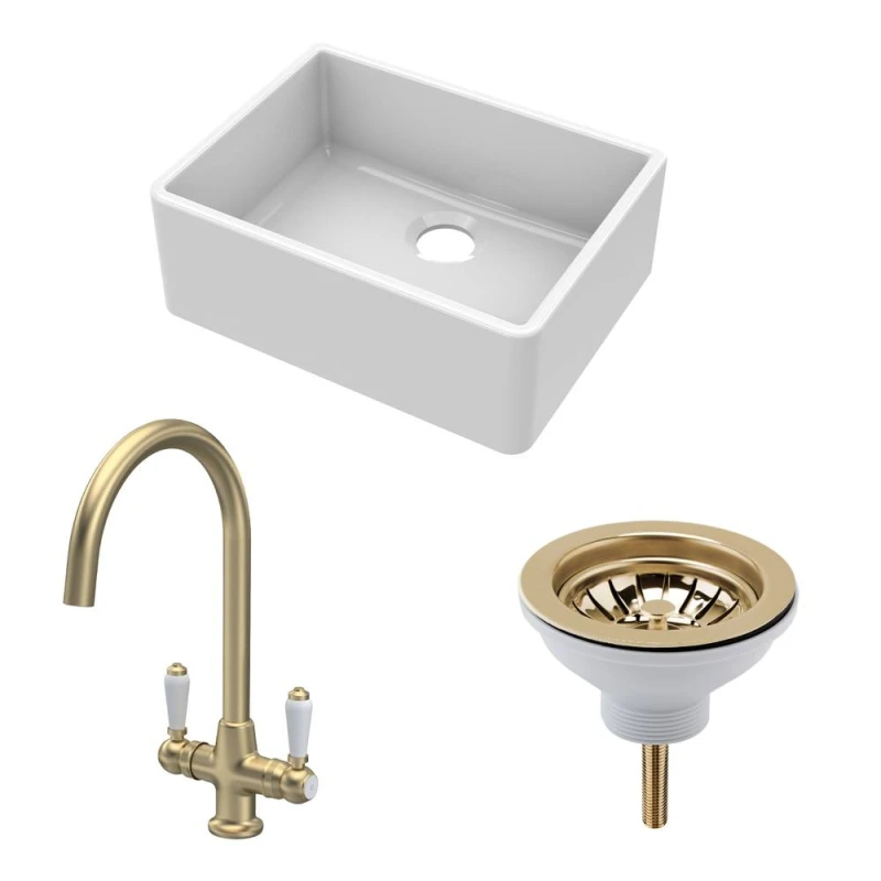 Image of Balterley Fireclay 1 Bowl Butler Sink Strainer Waste Tap Brushed Brass 595mm Bronze