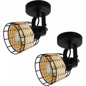 Image of 2 pack Wall / Ceiling Light Black & Wicker Adjustable Spotlight 1x 40W E27