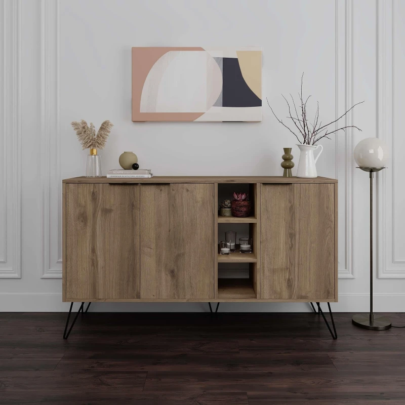 Image of Decortie 3-Doors Sideboard 'Clara' with Metal Hairpin Legs 142cm in Dark Brown Size: 2 Pack Dark Brown Unisex 2 Pack
