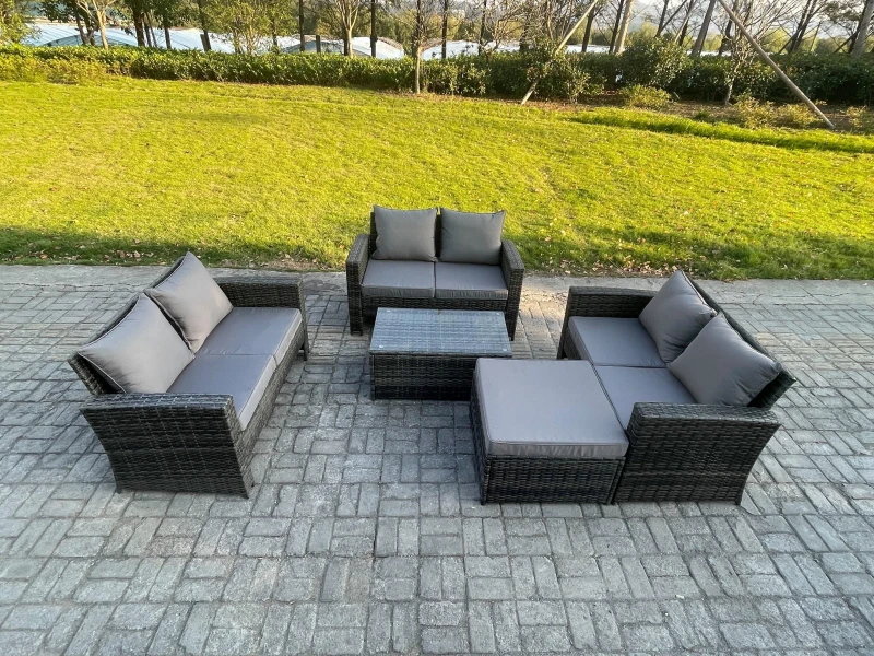 Image of Fimous Dark Grey 7 Seater Outdoor Rattan Garden Furniture Set Patio Love Sofa Rectangular Coffee Table Set with Big Footstool Dark Grey Unisex