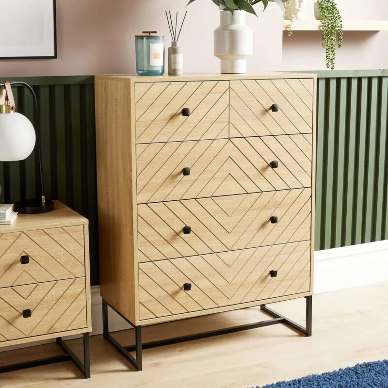 Image of Home Source Aztec 5 Drawer Chest Bedroom Storage Unit Light Oak